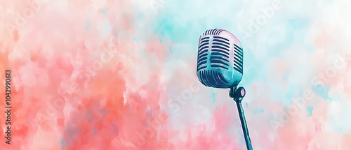 A microphone is on a pink and blue background. The microphone is the main focus of the image photo