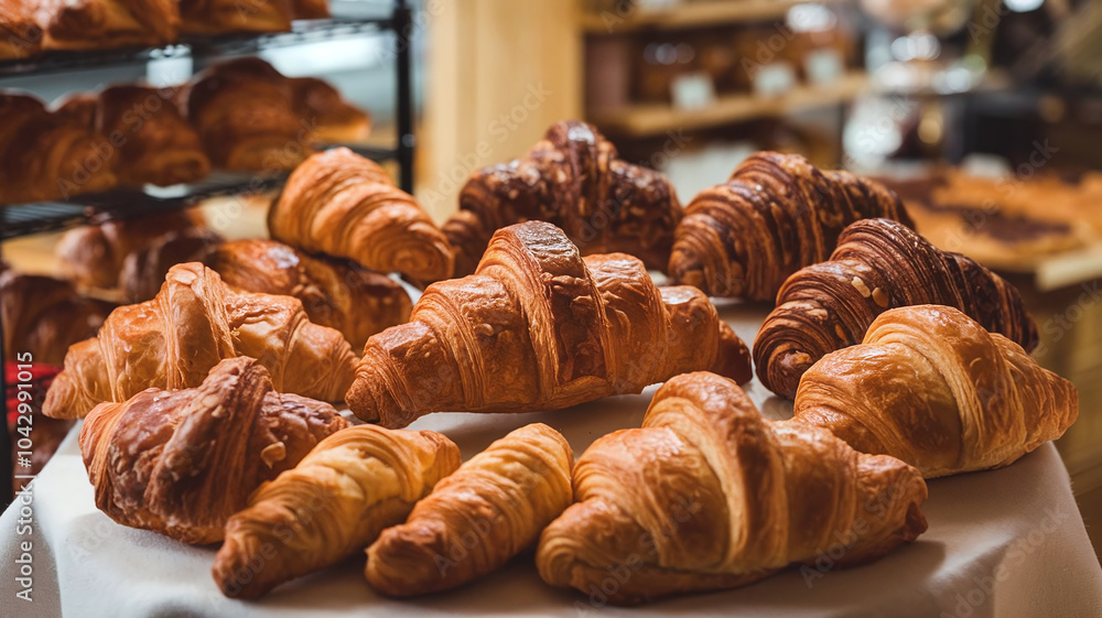 A delicious assortment of golden-brown croissants, arranged on a table in a bakery setting, showcasing various textures and flavors. Ideal for food photography and bakery-related visuals. A delicious assortment of golden-brown croissants, arranged on a table in a bakery setting, showcasing various textures and flavors. Ideal for food photography and bakery-related visuals.