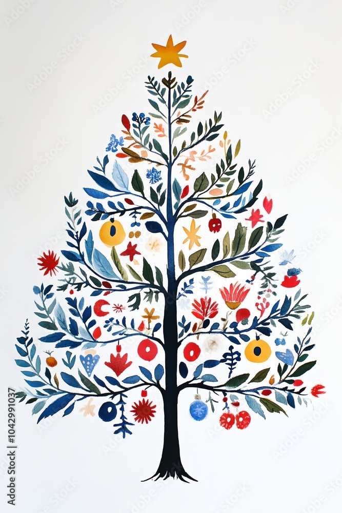 Obraz premium A colorful tree with many leaves and flowers is the centerpiece of a Christmas card. The tree is decorated with various ornaments and has a star on top. Scene is festive and joyful