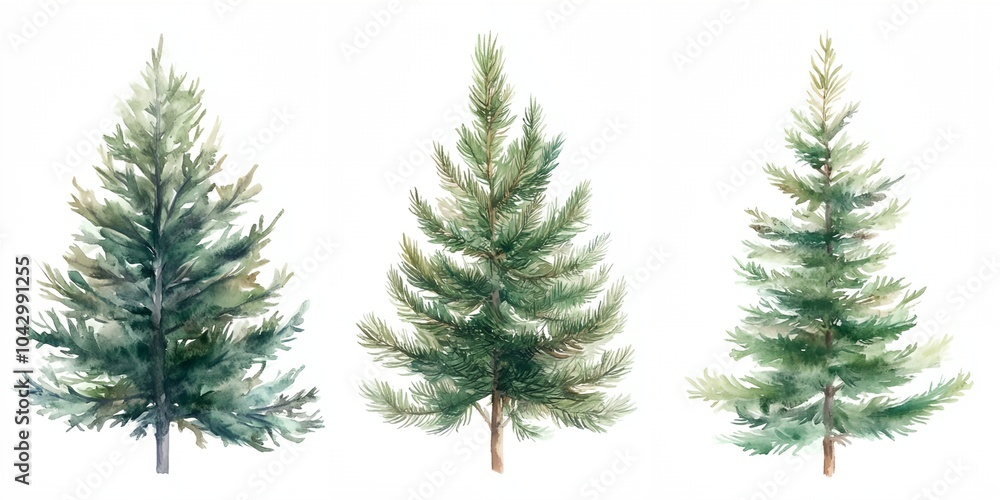 Three trees are shown in a painting, with the middle tree being the tallest. The trees are all green and appear to be in a forest setting. The painting has a peaceful and serene mood Three trees are shown in a painting, with the middle tree being the tallest. The trees are all green and appear to be in a forest setting. The painting has a peaceful and serene mood