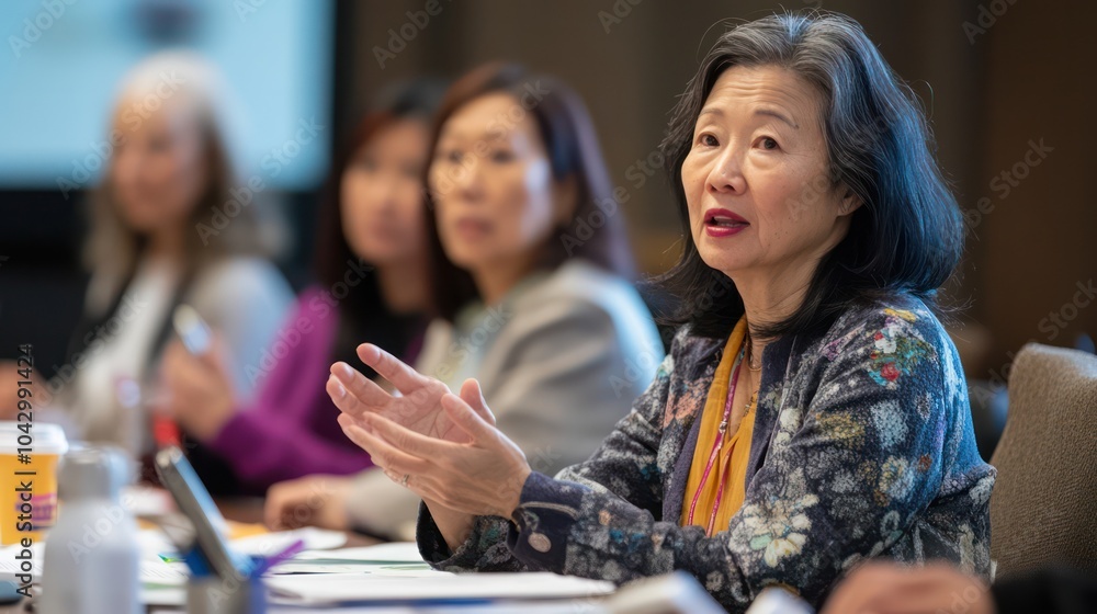 An Asian senior care professional leading a discussion on improving elderly care facilities, with a diverse group of caregivers and healthcare experts. An Asian senior care professional leading a discussion on improving elderly care facilities, with a diverse group of caregivers and healthcare experts.