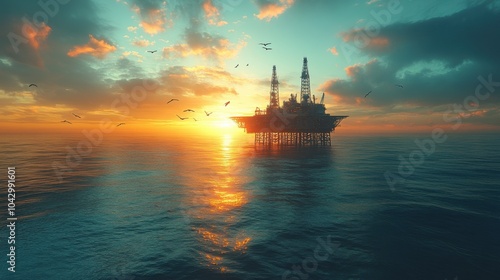 An oil rig silhouetted against a vibrant sunset over the ocean.