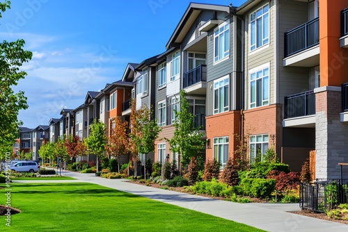 A row of apartment buildings with a green grassy area in between. The buildings are tall and have balconies