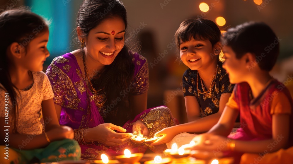 An Asian teacher guiding a group of diverse children through Diwali celebrations, emphasizing cultural understanding and joyful traditions. An Asian teacher guiding a group of diverse children through Diwali celebrations, emphasizing cultural understanding and joyful traditions.