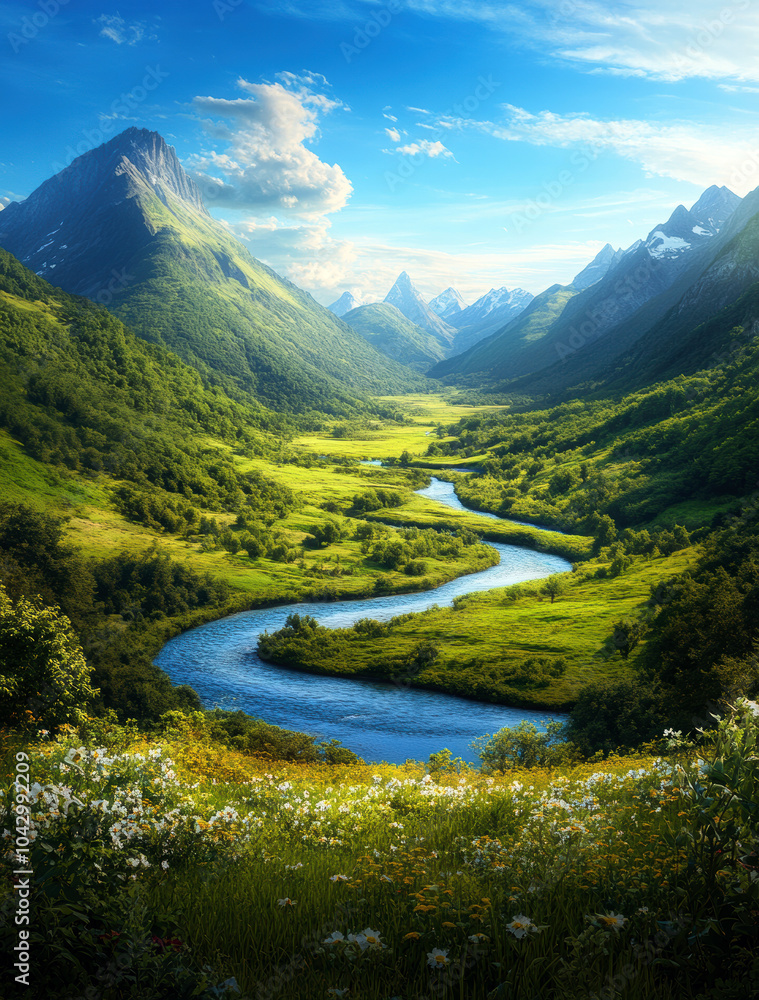 Fototapeta premium Explore the breathtaking beauty of a lush green valley, framed by towering mountains and a winding river, under a serene blue sky filled with soft clouds.