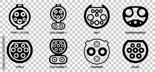 Types of electric vehicle plugs. standard charging connector plug and socket. Connectors for electric vehicles. electric car charge