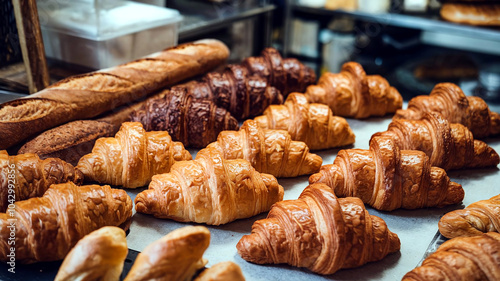 Wallpaper Mural A delicious assortment of golden-brown croissants, arranged on a table in a bakery setting, showcasing various textures and flavors. Ideal for food photography and bakery-related visuals.  Torontodigital.ca