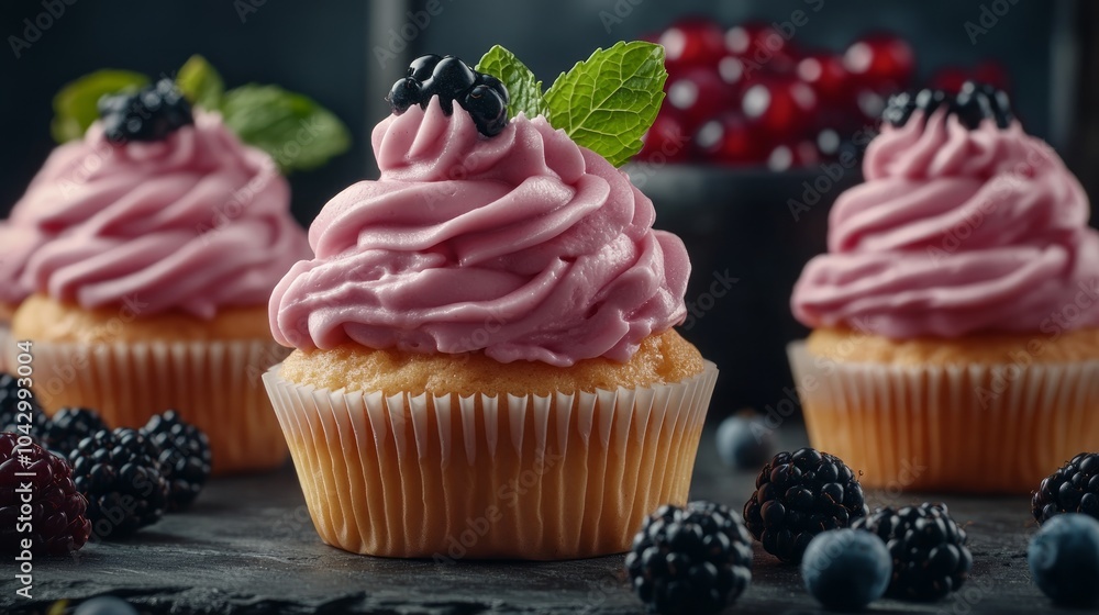 Three pink frosting cupcakes with blackberries and blueberries on a dark background. Three pink frosting cupcakes with blackberries and blueberries on a dark background.