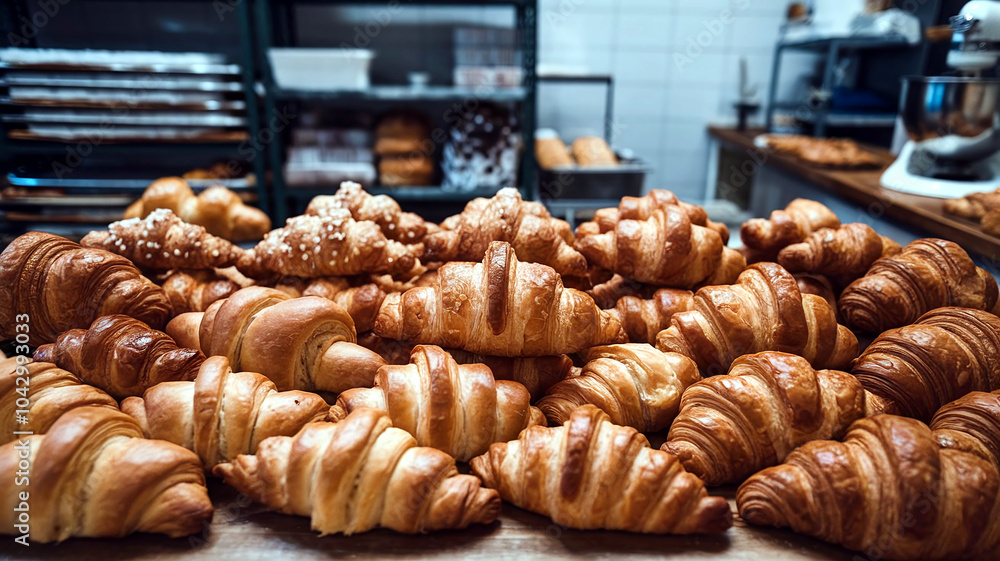 A delicious assortment of golden-brown croissants, arranged on a table in a bakery setting, showcasing various textures and flavors. Ideal for food photography and bakery-related visuals. A delicious assortment of golden-brown croissants, arranged on a table in a bakery setting, showcasing various textures and flavors. Ideal for food photography and bakery-related visuals.