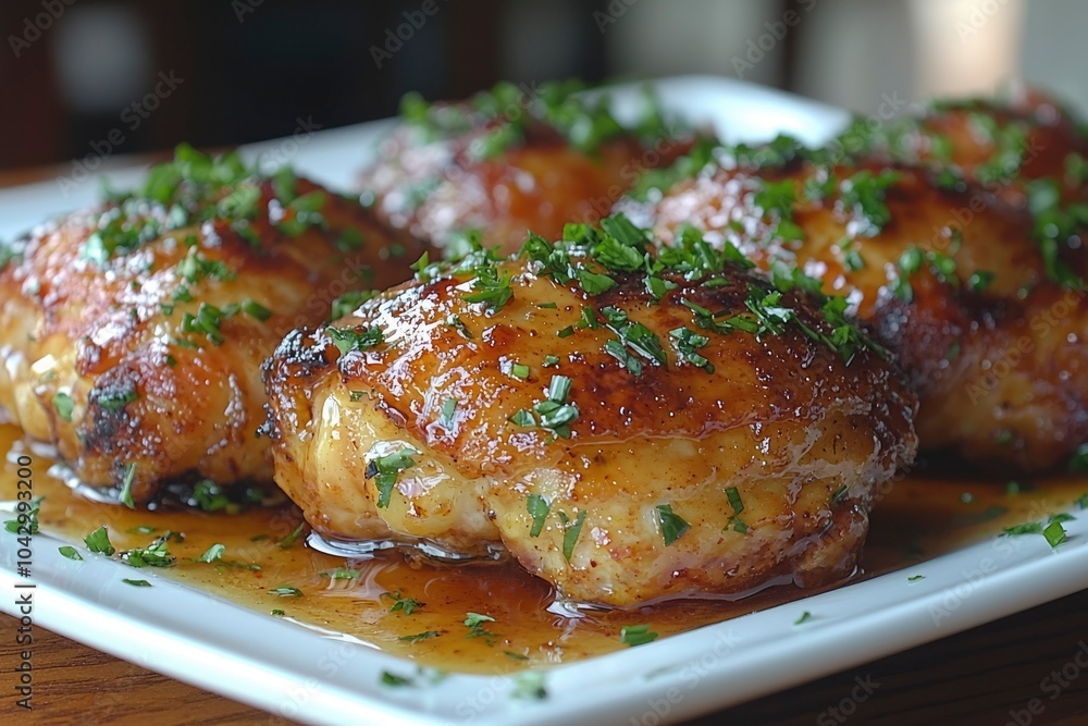 Glazed Chicken with Parsley Garnish on a White Plate Glazed Chicken with Parsley Garnish on a White Plate
