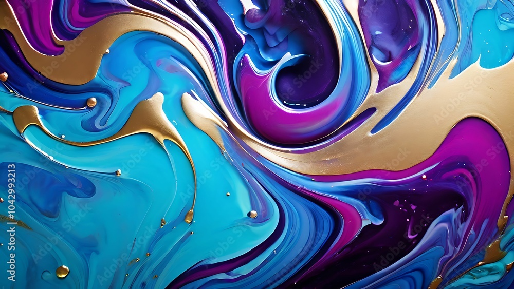 Luxurious marble texture with gold accents in bright blue and pink abstract fluid painting_093