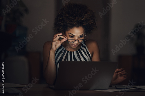 Night, woman or reading on laptop for remote work, mistake or latest news in home. Administrator, computer or glasses in living room for deadline, finance error or email information in dark apartment