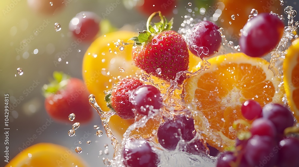 Mixed fruits like strawberries oranges and grapes falling with a splash of juice and water Mixed fruits like strawberries oranges and grapes falling with a splash of juice and water