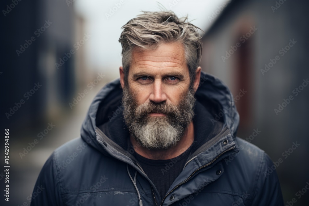 Portrait of a handsome bearded man with a long gray beard and mustache in a blue jacket on the street Portrait of a handsome bearded man with a long gray beard and mustache in a blue jacket on the street
