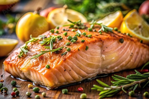 Extreme close-up of a healthy high protein meal featuring baked and roasted salmon