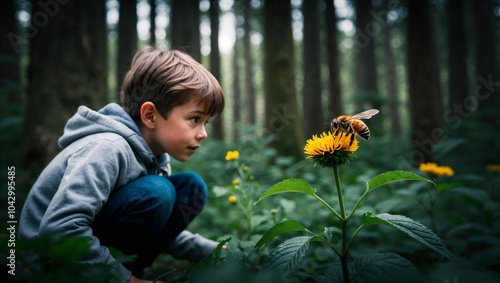 A boy crouched in the forest, staring intently at a bee hovering over a flower, in amazement, completely absorbed in the mystery of the tiny creature before him