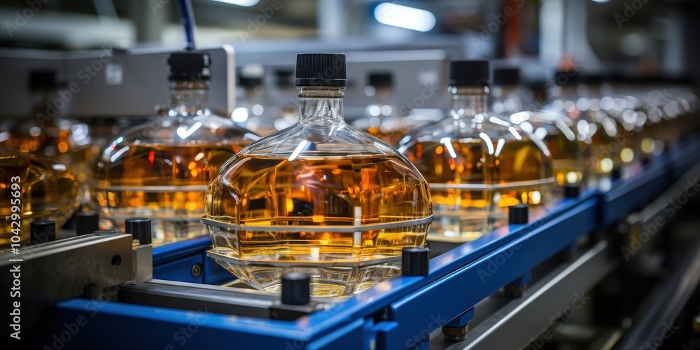 A Close-Up View of Amber Liquid Bottles Moving Along a Conveyor Belt in a Manufacturing Facility A Close-Up View of Amber Liquid Bottles Moving Along a Conveyor Belt in a Manufacturing Facility