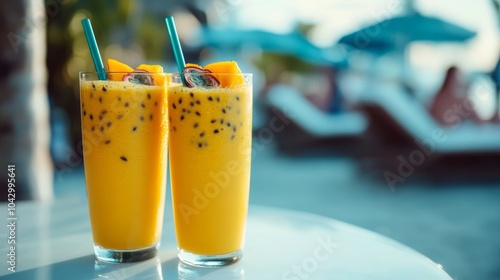 Two glasses of yellow fruit smoothie with passion fruit and mango garnishes on a white table with a blurred background of lounge chairs and palm trees.