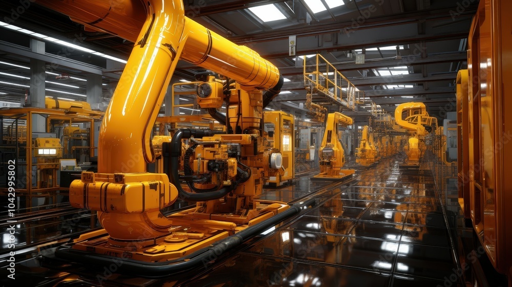 A row of yellow robotic arms stand ready in a modern factory, a testament to automation and industrial efficiency.