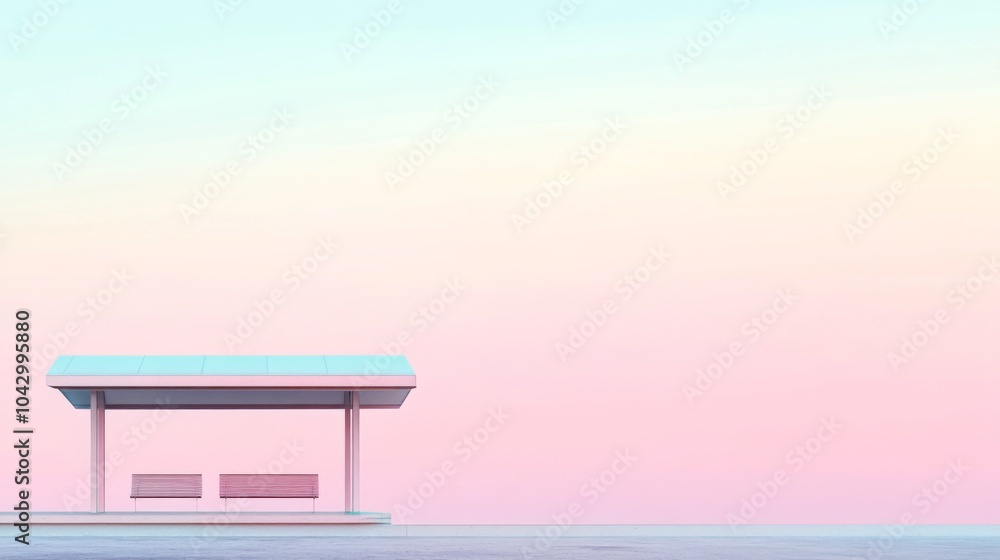A minimal bus stop with two benches stands in the foreground, with a pastel sky in the background. A minimal bus stop with two benches stands in the foreground, with a pastel sky in the background.