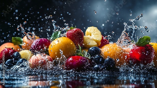 A variety of fresh fruits splashing together with water droplets and vibrant juice