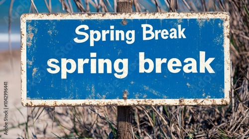 A blue sign with white text reads 'Spring Break' in all caps and 'spring break' in lowercase on a wooden post, with a blurred sandy beach background. photo