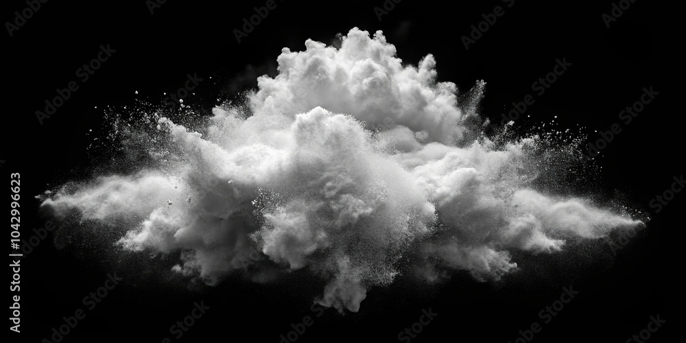 Explosion of white ash resembling clouds against a black background Explosion of white ash resembling clouds against a black background