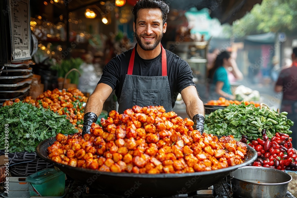 A Street Food Vendor Smiling at the Camera with a Large Pan of Food A Street Food Vendor Smiling at the Camera with a Large Pan of Food