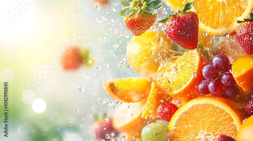 Fototapeta Naklejka Na Ścianę i Meble -  A colorful splash of fresh fruits like oranges strawberries and grapes falling in mid-air