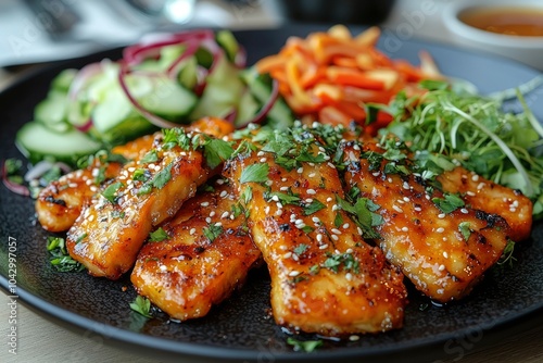 Glazed Salmon with Sesame Seeds, Parsley, and Salad Garnish