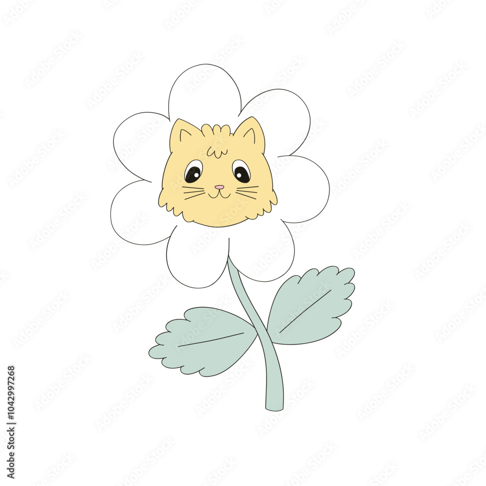 Fototapeta premium Cute cat daisy flower vector clip-art isolated on white. Cat vibes illustration