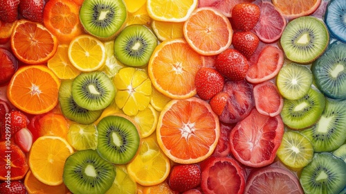 A surface densely covered with rainbow-colored fruit slices like kiwi, orange, and strawberry, filling every inch of the frame with vibrant, fresh textures.