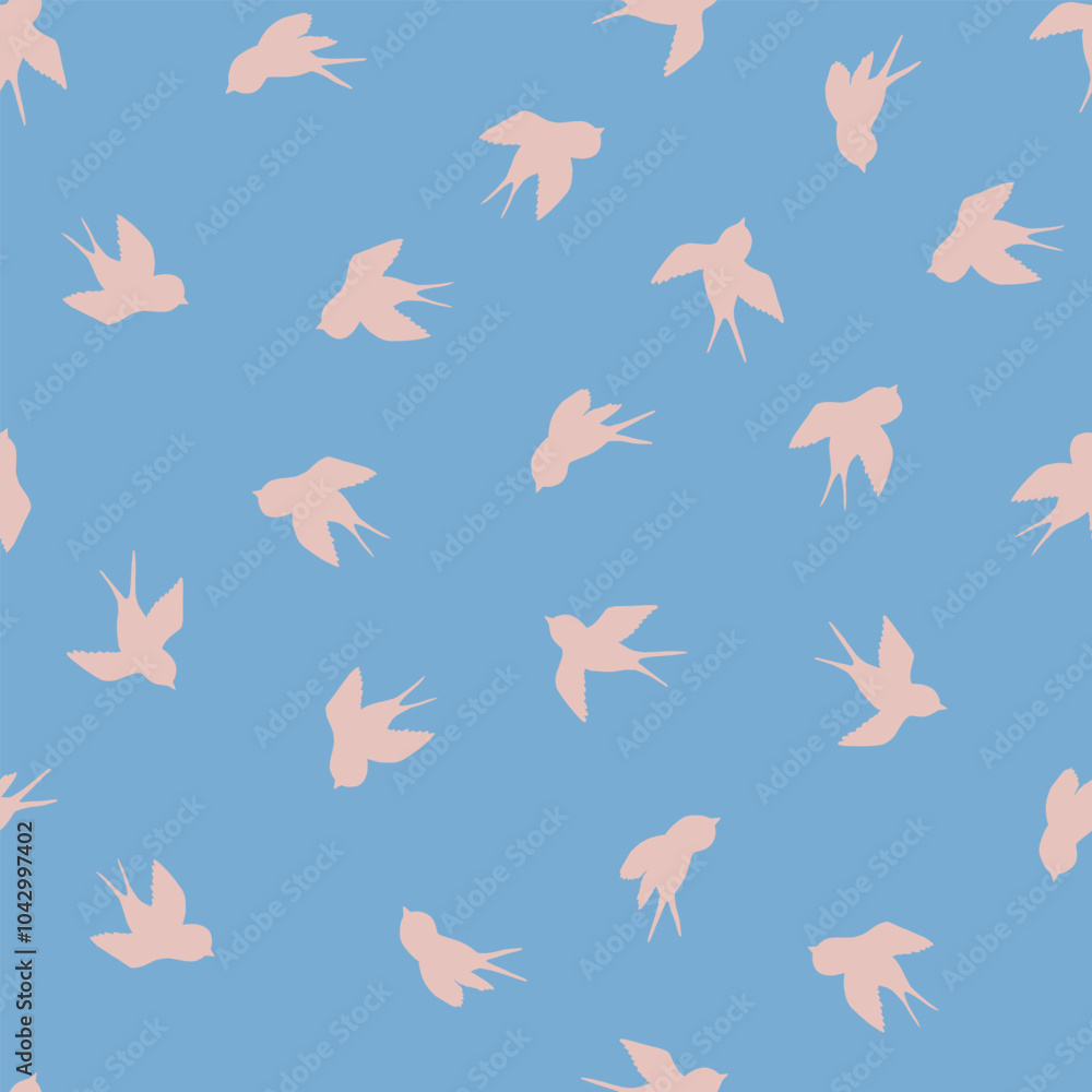 Fototapeta premium Seamless pattern with swallow silhouette on color background. Cute bird in flight. Vector illustration. Doodle style. Design for invitation, poster, card, fabric, textile