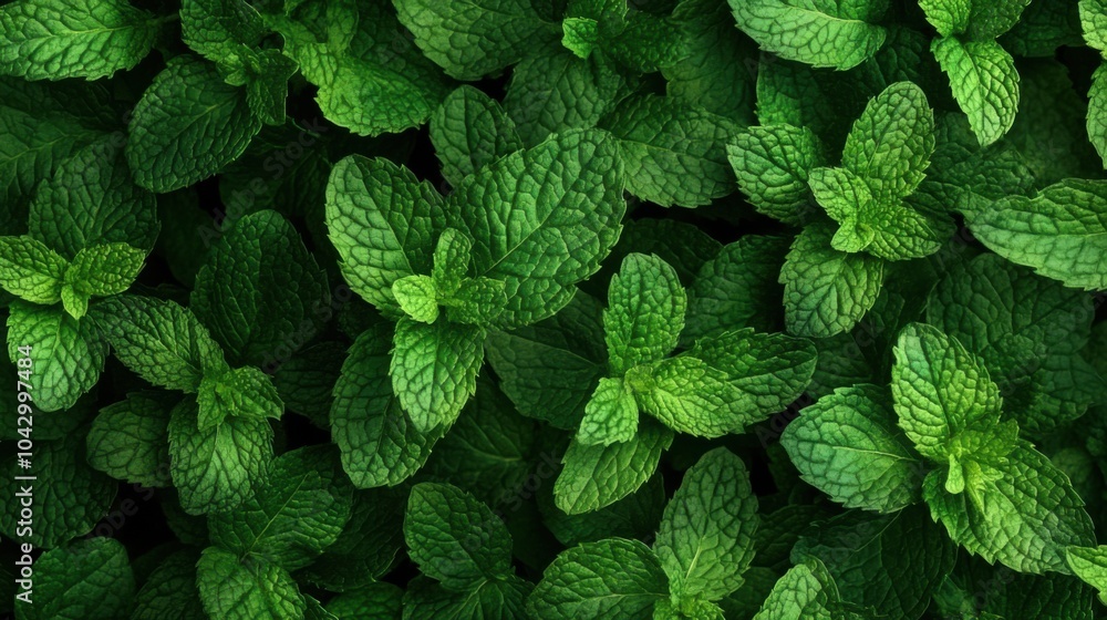 A lush background filled with fresh mint leaves scattered across a deep green surface, evoking freshness and vitality. A lush background filled with fresh mint leaves scattered across a deep green surface, evoking freshness and vitality.