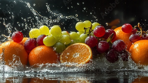 Mixed fruits like grapes and oranges creating a colorful splash in mid-fall photo