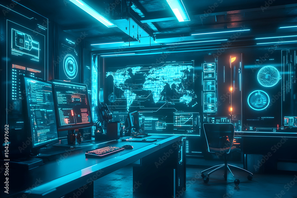 Naklejka premium Futuristic computer lab with neon lights, digital maps, and data projections, advanced technological environment