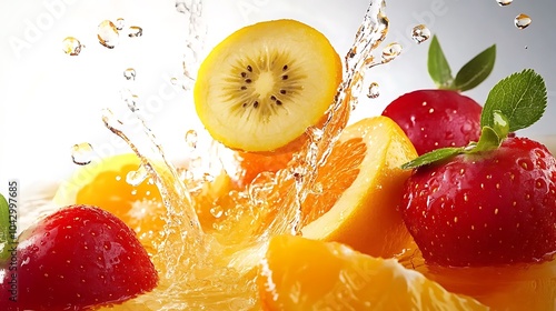 Juicy fresh fruits creating a dynamic splash of juice as they fall in water photo