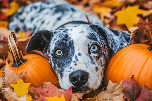 a blue and white speckled dog with heterochromatic eyes, resting among pumpkins and fall foliage photo