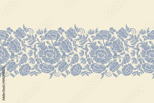 Ethnic Floral pattern seamless border white background. Ikat bohemian blue flower ditsy motif traditional. Aztec style abstract vector illustration vintage design for print template.