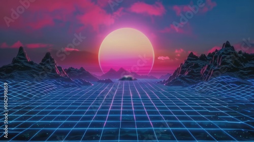 Retro Futuristic Landscape with a Grid