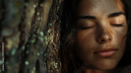 Close up shot of a young woman hugging a tree in a park.