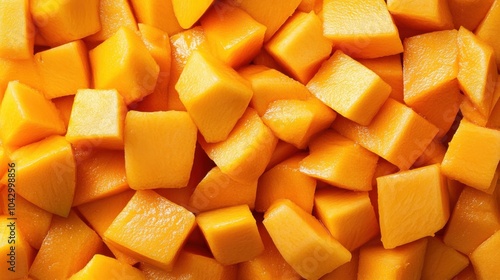 A surface filled with tightly packed mango cubes and slices, their warm orange and yellow tones creating a sun-soaked texture.