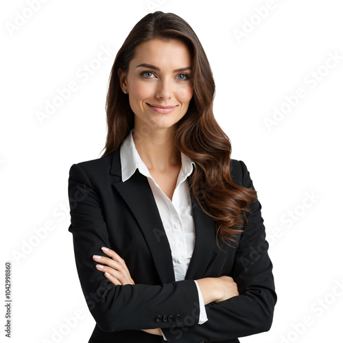 Woman isolated with transparency layer PNG. Smiling wearing business suit folded hands