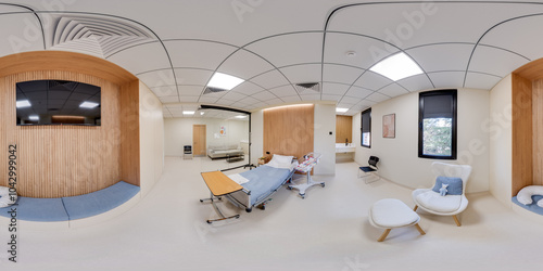 Full seamless spherical hdri panorama 360 degrees angle view in interior of hospital room in equirectangular projection. VR content