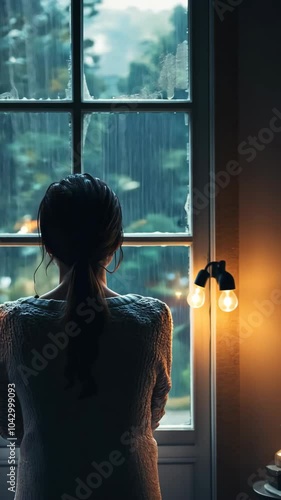 A woman gazes out of the window during a rainstorm in a cozy room filled with soft lighting