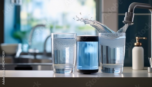 Transparent blue water bottle with splashing waves and a mint leaf, on a wooden table near a window