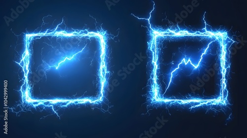 Lightning frames, blue electric borders of rectangular and square shapes with thunder bolt effect. Isolated photo frames with thunderbolt impact.