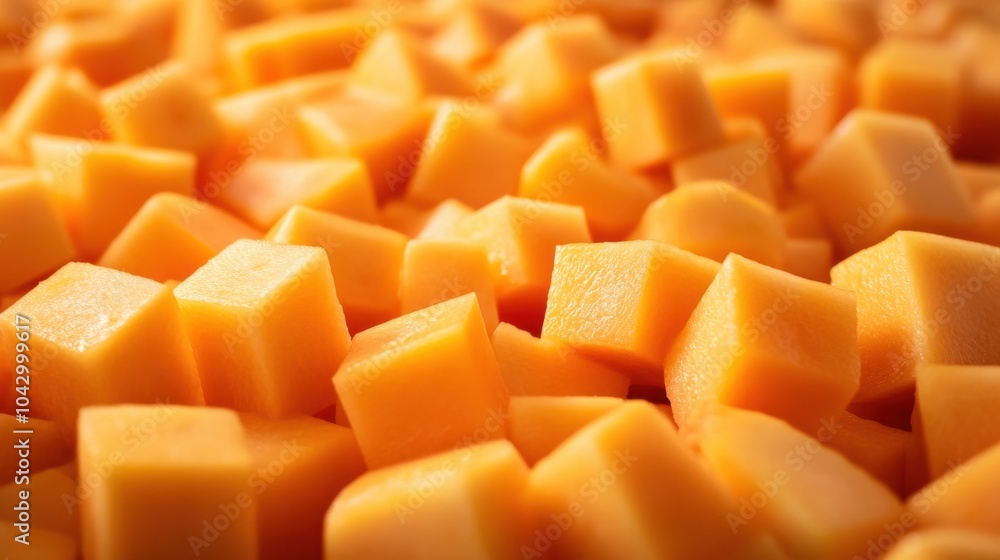 A tightly packed field of cantaloupe cubes and slices, their soft orange tones filling every corner of the frame. A tightly packed field of cantaloupe cubes and slices, their soft orange tones filling every corner of the frame.