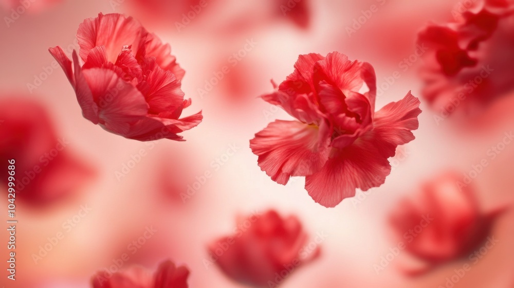 Macro shot of red carnation petals floating on a soft pastel coral background, creating a romantic and vibrant mood. Macro shot of red carnation petals floating on a soft pastel coral background, creating a romantic and vibrant mood.