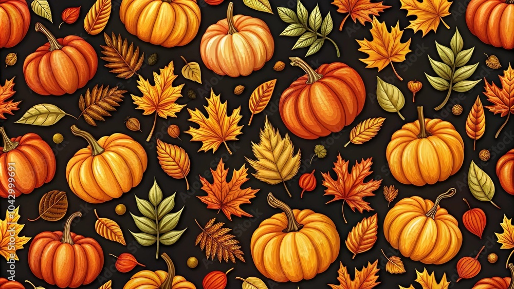 Extreme close-up fall pumpkin pattern with pretty autumn leaves on black background seamless pattern Extreme close-up fall pumpkin pattern with pretty autumn leaves on black background seamless pattern